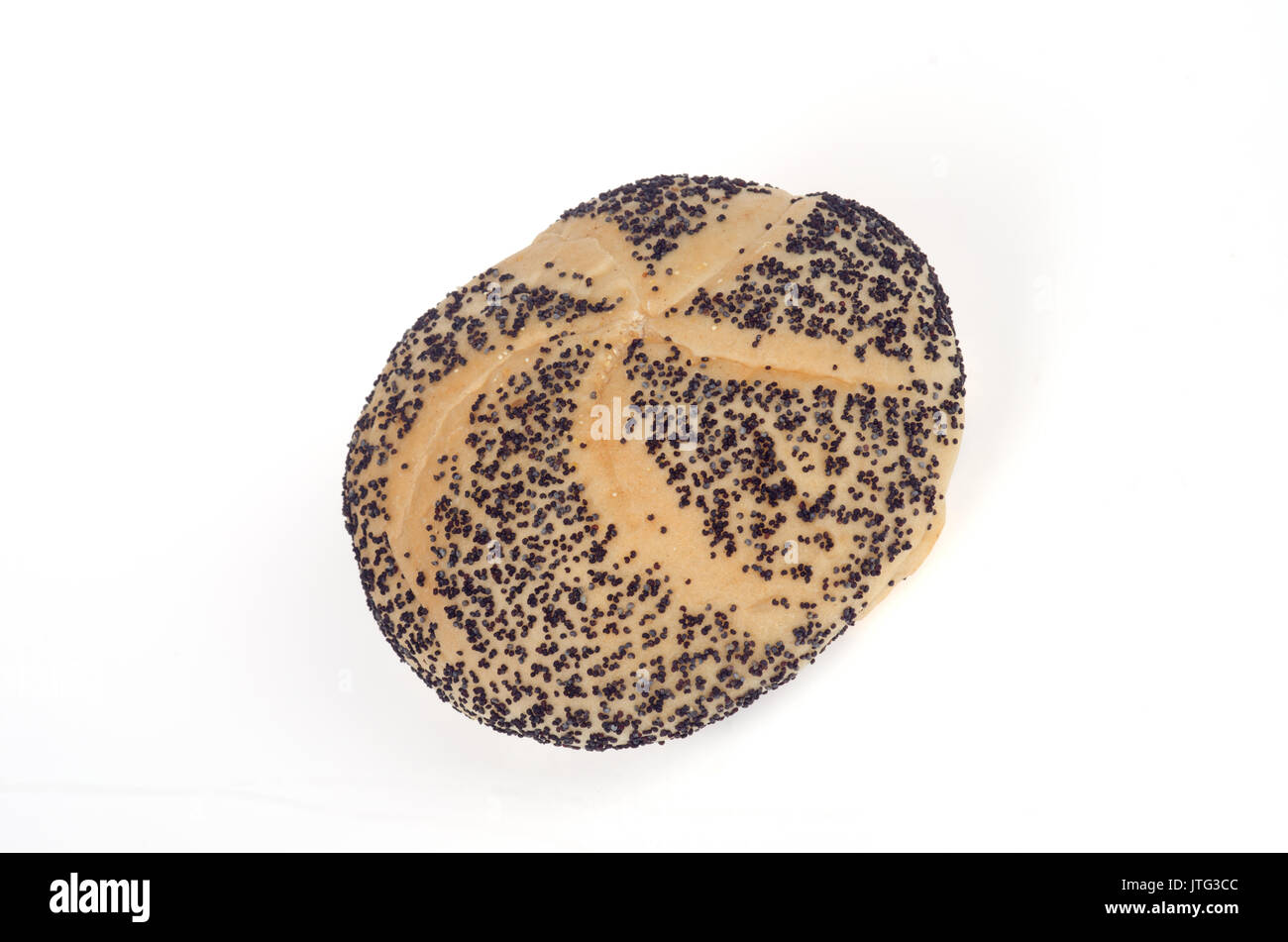 Single Poppy Seed Kaiser Roll on white background, cut-out. Stock Photo