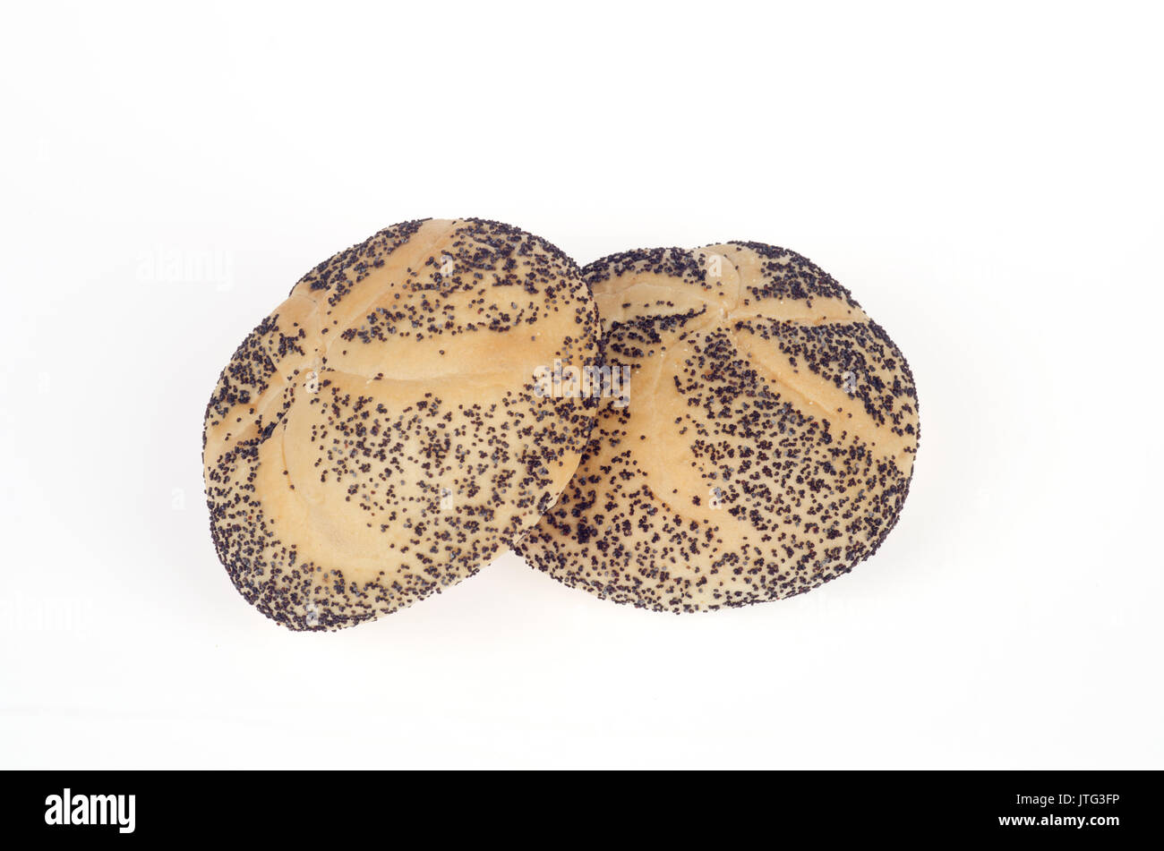 Poppy seed kaiser rolls on white background cut-out. Stock Photo