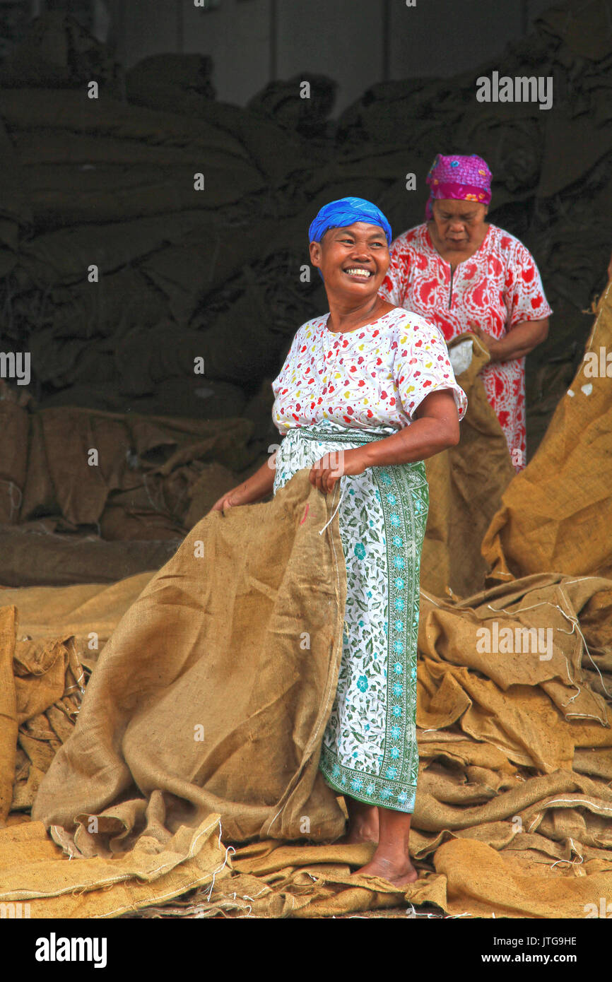 Sack folders in Tobacco Factory in Indonesia Stock Photo