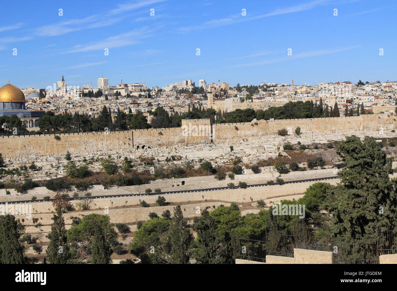 Dome of the Rock on the Temple Mount and Golden Gate as seen from the Mount of Olives in Israel. Stock Photo