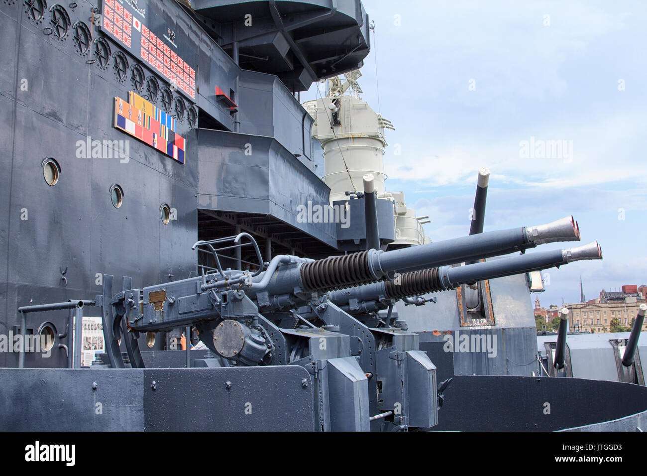 40mm Anit Aircraft guns mounted on Battleship North Carolina Wilmington Stock Photo