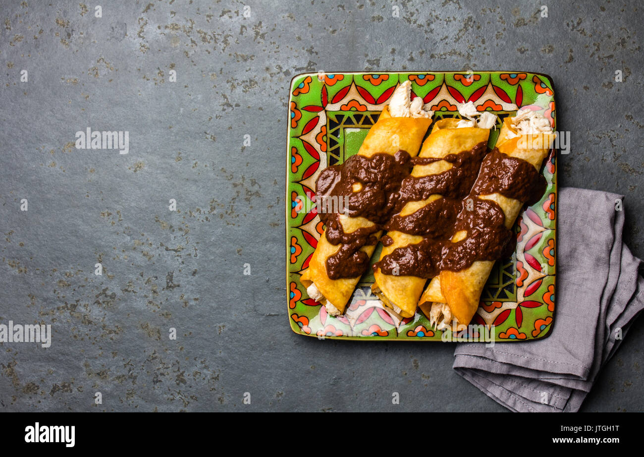 Mexican cuisine. Traditional Mexican chicken enchiladas with spicy