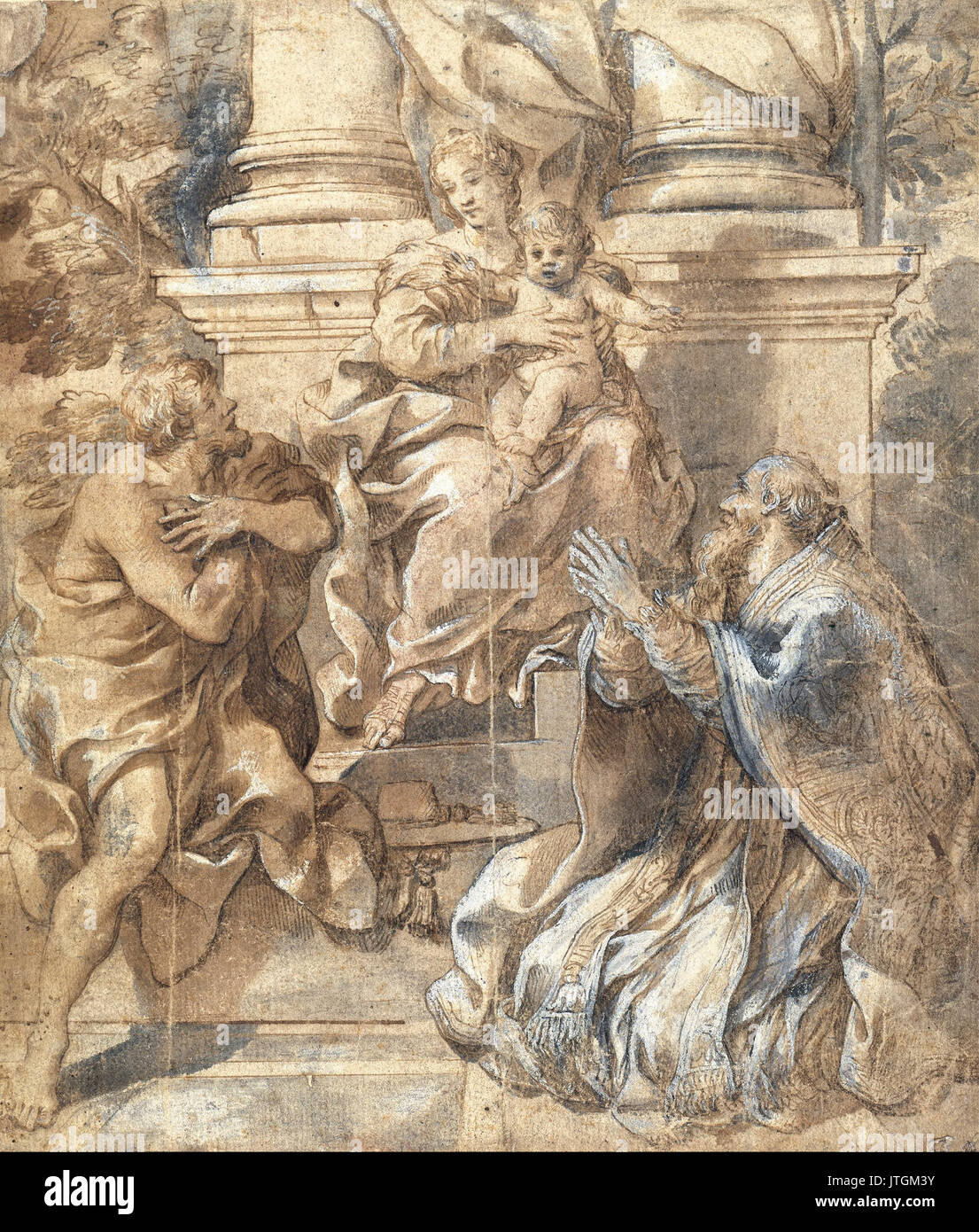 Pietro da Cortona (Pietro Berrettini)   Madonna and Child, Saint John the Baptist and Pope Stephen Stock Photo