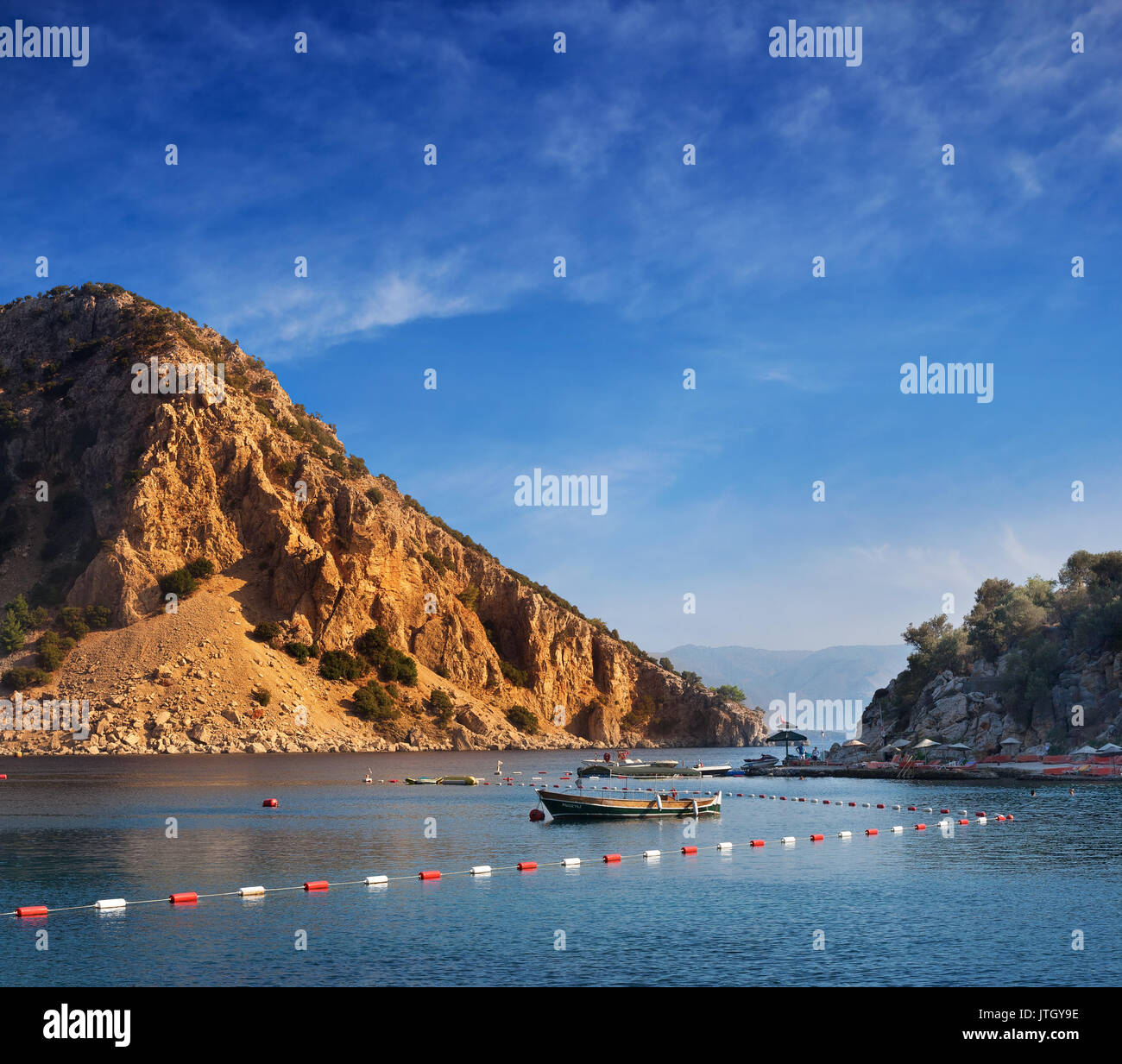 Sea scape of rocky harbor in Marmaris, Medeterranian Sea, Turkey Stock Photo