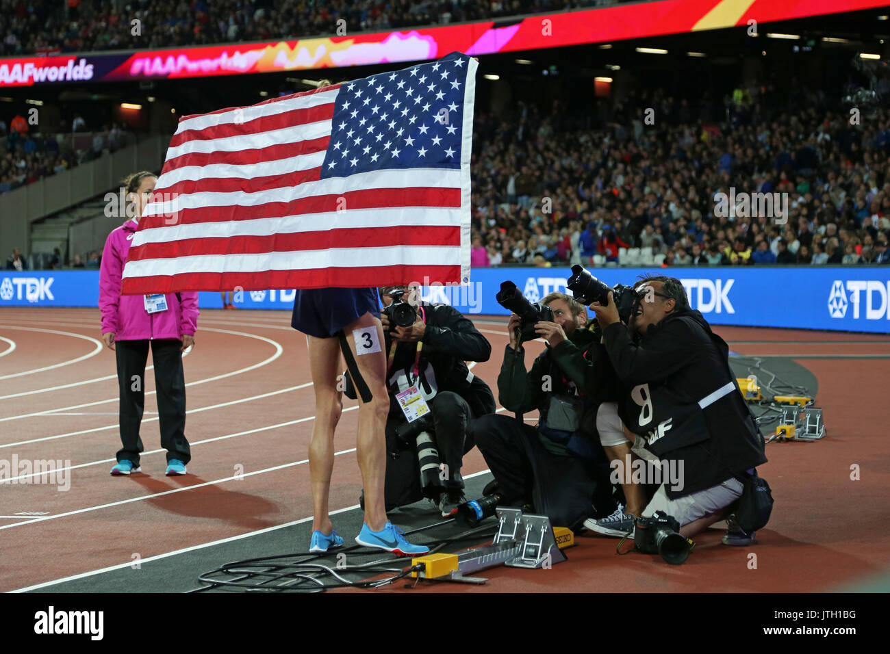 London, UK. 08-Aug-17.  Evan JAGER representing United States of America celebrating third place after the Men's 3000m Steeplechase Final at the 2017, IAAF World Championships, Queen Elizabeth Olympic Park, Stratford, London, UK. Credit: Simon Balson/Alamy Live News Stock Photo