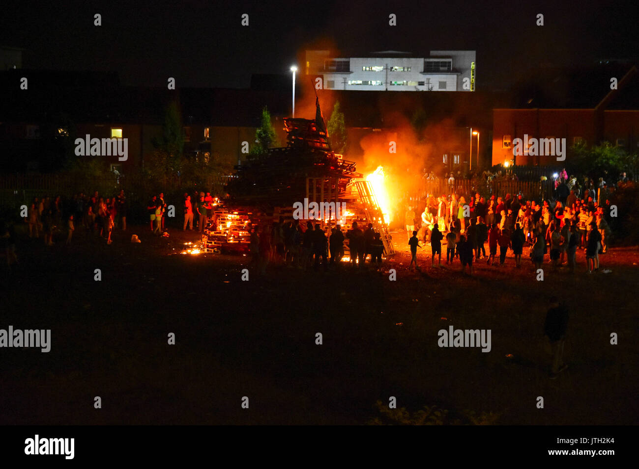 Belfast, Northern Ireland. 09th Aug, 2017. An Anti-Internment Bonfire at the Markets area of Belfast passed off peacefully after a day or rioting the previous day when the same bonfire had been removed. Belfast: UK: 09 AUG Credit: Mark Winter/Alamy Live News Credit: Mark Winter/Alamy Live News Stock Photo