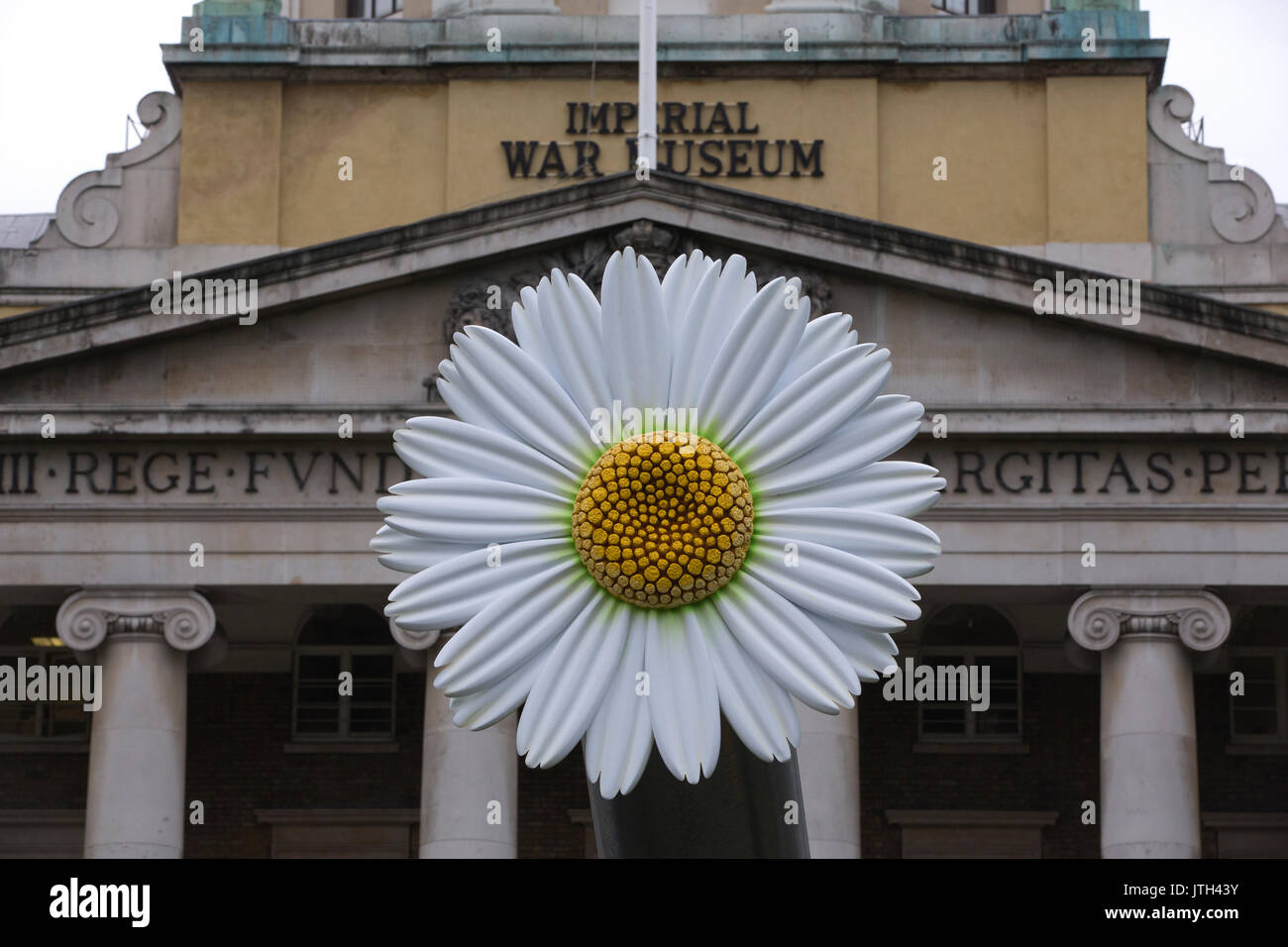 London, UK. 08th Aug, 2017. People Power: Fighting for Peace exhibition. Imperial War Museum, London, UK 8th August 2017 Two large-scale flowers will be will be temporarily placed on the 15-inch naval guns positioned in front of IWM London. Flowers were chosen as they have been a significant part of the peace movement, from the white poppy worn as a symbol of peace to the iconic image of a protester placing flowers in the barrels of rifles held by US military police at a demonstration against the Vietnam War in 1967. Credit: Jeff Gilbert/Alamy Live News Stock Photo