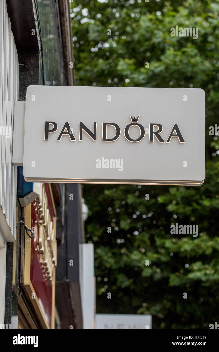 Brentwood, Essex, 9th August 2917 Danish jewellery maker Pandora posted second quarter results below expectation. The company posted second-quarter sales of 4.83 billion crowns, below the 4.90 billion average estimate of analysts polled by Reuters.  Signage photographs Stock Photo