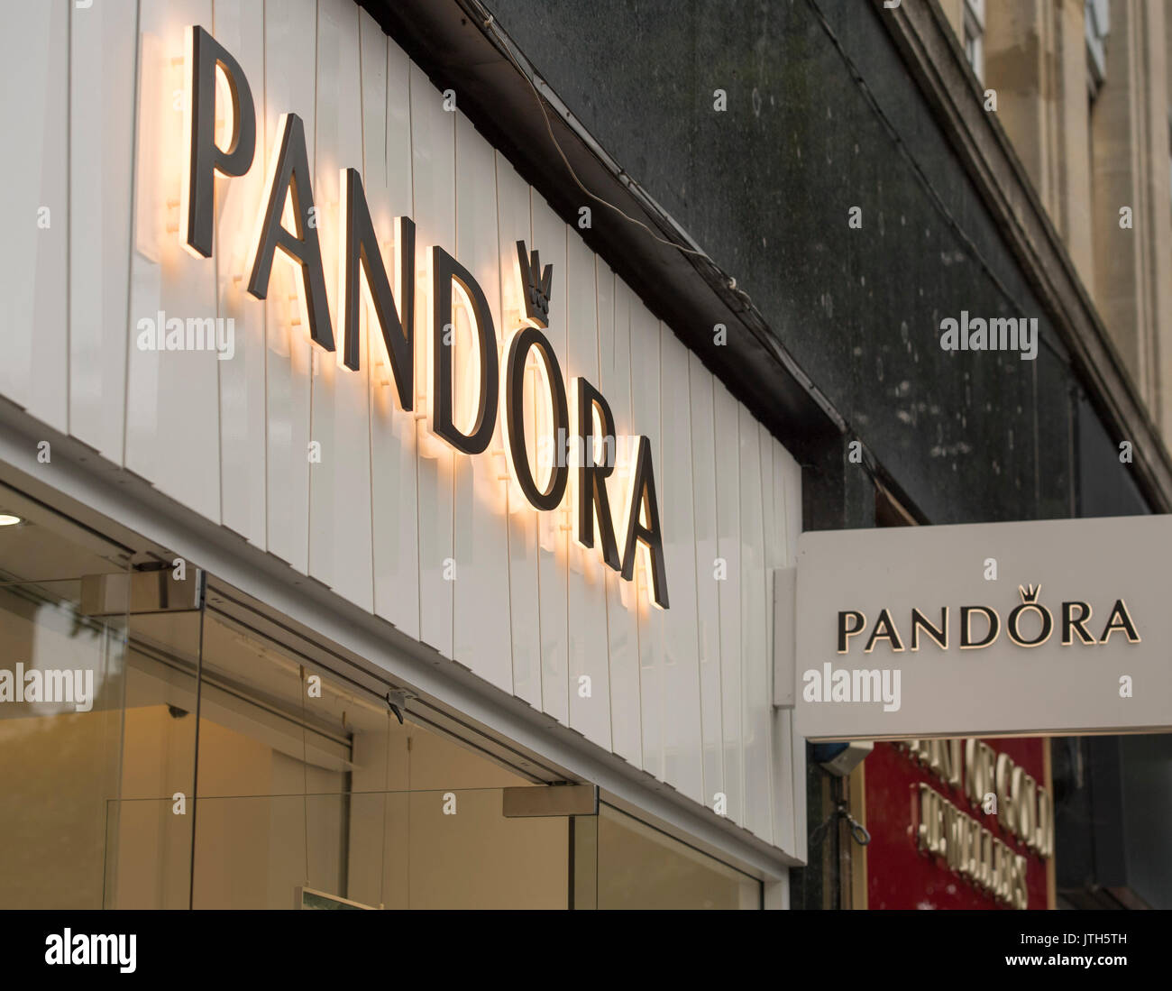 Brentwood, Essex, 9th August 2917 Danish jewellery maker Pandora posted second quarter results below expectation. The company posted second-quarter sales of 4.83 billion crowns, below the 4.90 billion average estimate of analysts polled by Reuters.  Signage photographs Stock Photo