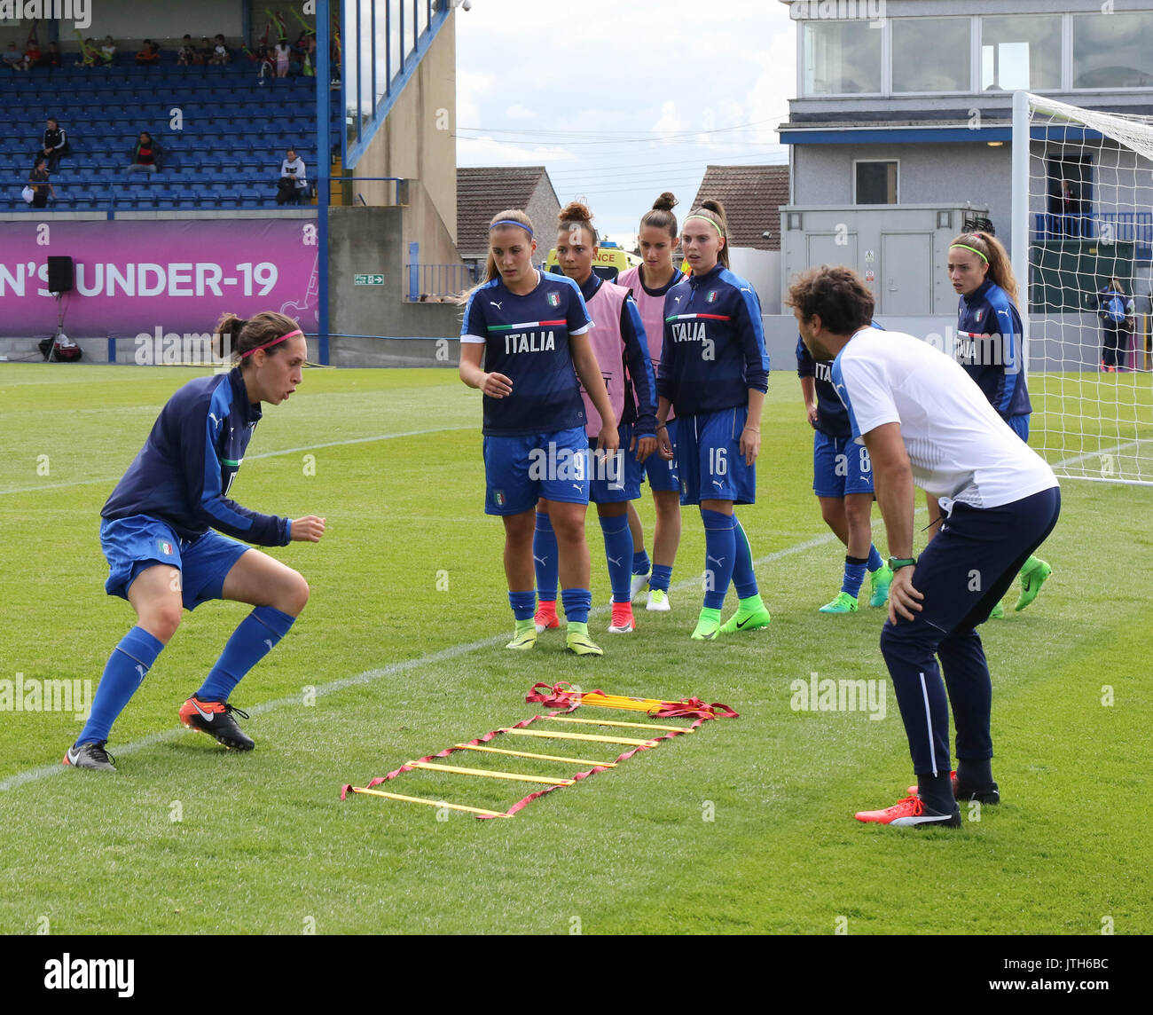 Mourneview Park, Lurgan, Northern Ireland. 08 August 2017. UEFA Women's Under-19 Championship Group B – Italy v England. Italy warm-up at Mourneview Park. Credit: David Hunter/Alamy Live News. Stock Photo