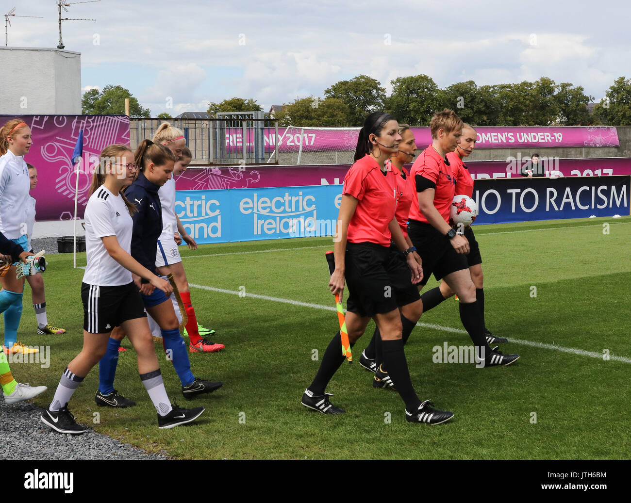 Mourneview Park, Lurgan, Northern Ireland. 08 August 2017. UEFA Women's Under-19 Championship Group B – Italy v England. The match officials and teams come out. Credit: David Hunter/Alamy Live News. Stock Photo