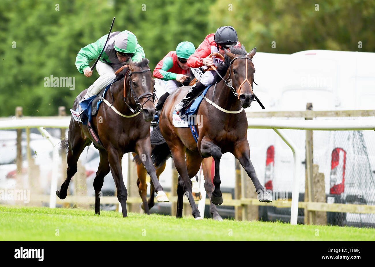 Brighton, UK. 9th Aug, 2017. Haveoneonyerself ridden by John Egan (green colours) wins the The Visit marathonbet.co.uk Nursery Handicap Stakes in the first race at the Marstons Race Day in the Maronthonbet Festival of Racing at Brighton Racecourse Credit: Simon Dack/Alamy Live News Stock Photo