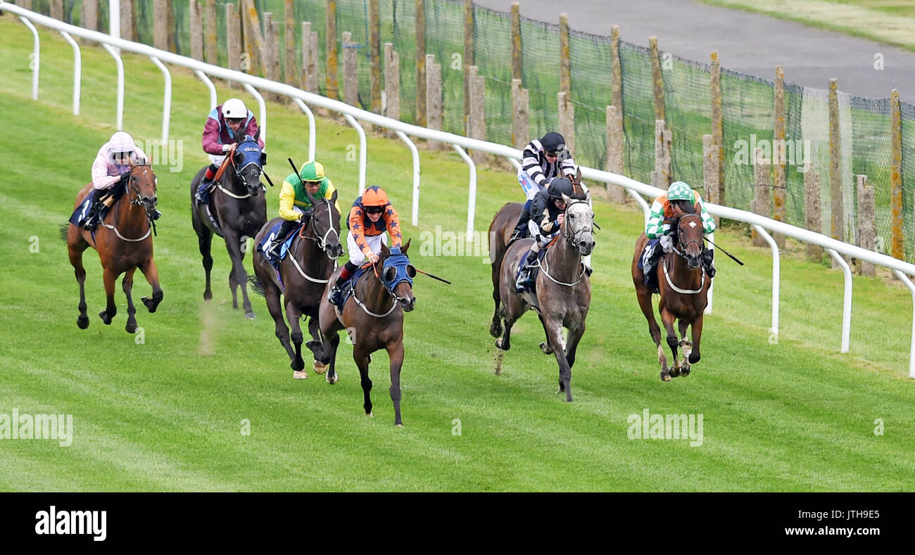 Brighton, UK. 9th Aug, 2017. Tojosimbre ridden by Martin Dwyer wins the Wainwright Selling Handicap Styakes at the Marstons Race Day in the Maronthonbet Festival of Racing at Brighton Racecourse Credit: Simon Dack/Alamy Live News Stock Photo
