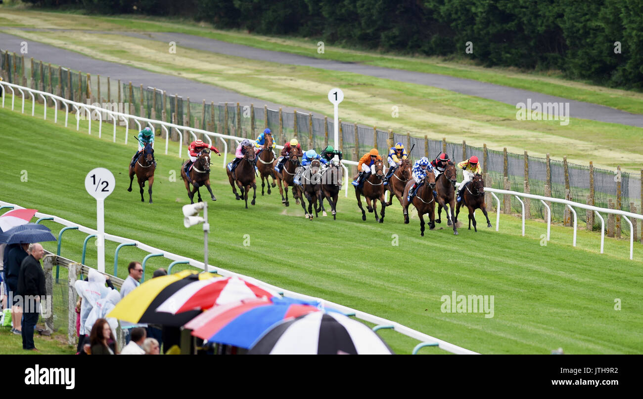 Brighton, UK. 9th Aug, 2017. Lord Glenaghcastle ridden by Hector Crouch romps away to win the Hobgoblin Brighton Mile Challenge at the Marstons Race Day in the Maronthonbet Festival of Racing at Brighton Racecourse Credit: Simon Dack/Alamy Live News Stock Photo