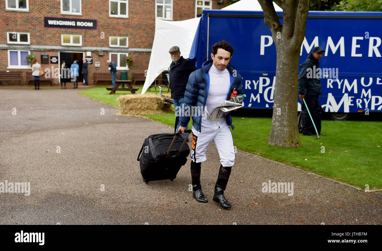 Brighton, UK. 9th Aug, 2017. Jockey Silvestre De Sousa leaves Brighton racecourse after riding three winners at the Marstons Race Day in the Maronthonbet Festival of Racing at Brighton Racecourse Credit: Simon Dack/Alamy Live News Stock Photo