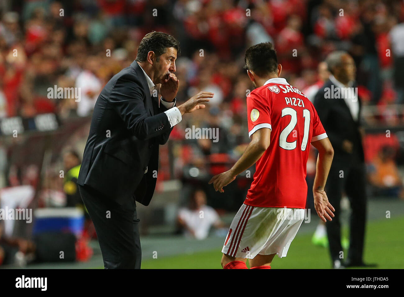 Lisbon, Portugal. 09th Aug, 2017. Benfica«s head coach Rui Vitoria from  Portugal (L) and Benfica«s midfielder Pizzi from Portugal (R) during the  Premier League 2017/18 match between SL Benfica v SC Braga,