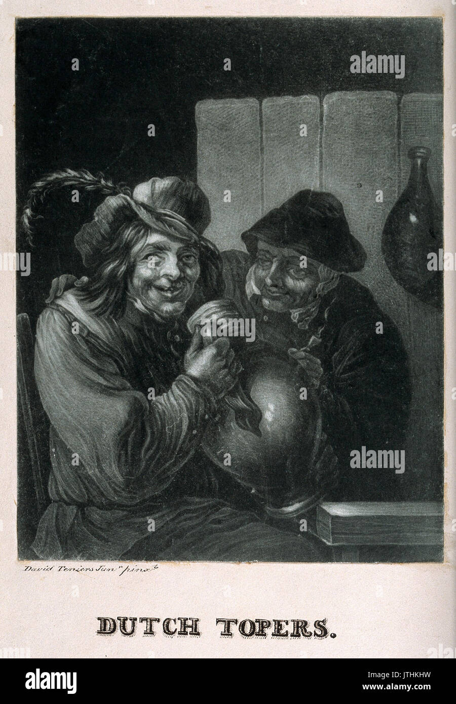 Two Dutch topers clasping a beer jug and smoking. Mezzotint Wellcome V0019511 Stock Photo