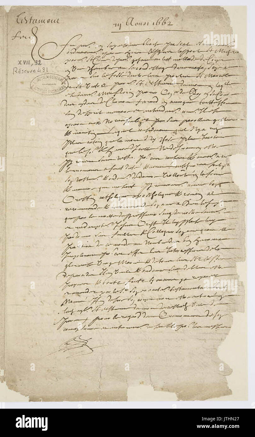 Testament de Blaise Pascal 1   Archives Nationales   MC ET XVIII 32, RS 431 Stock Photo