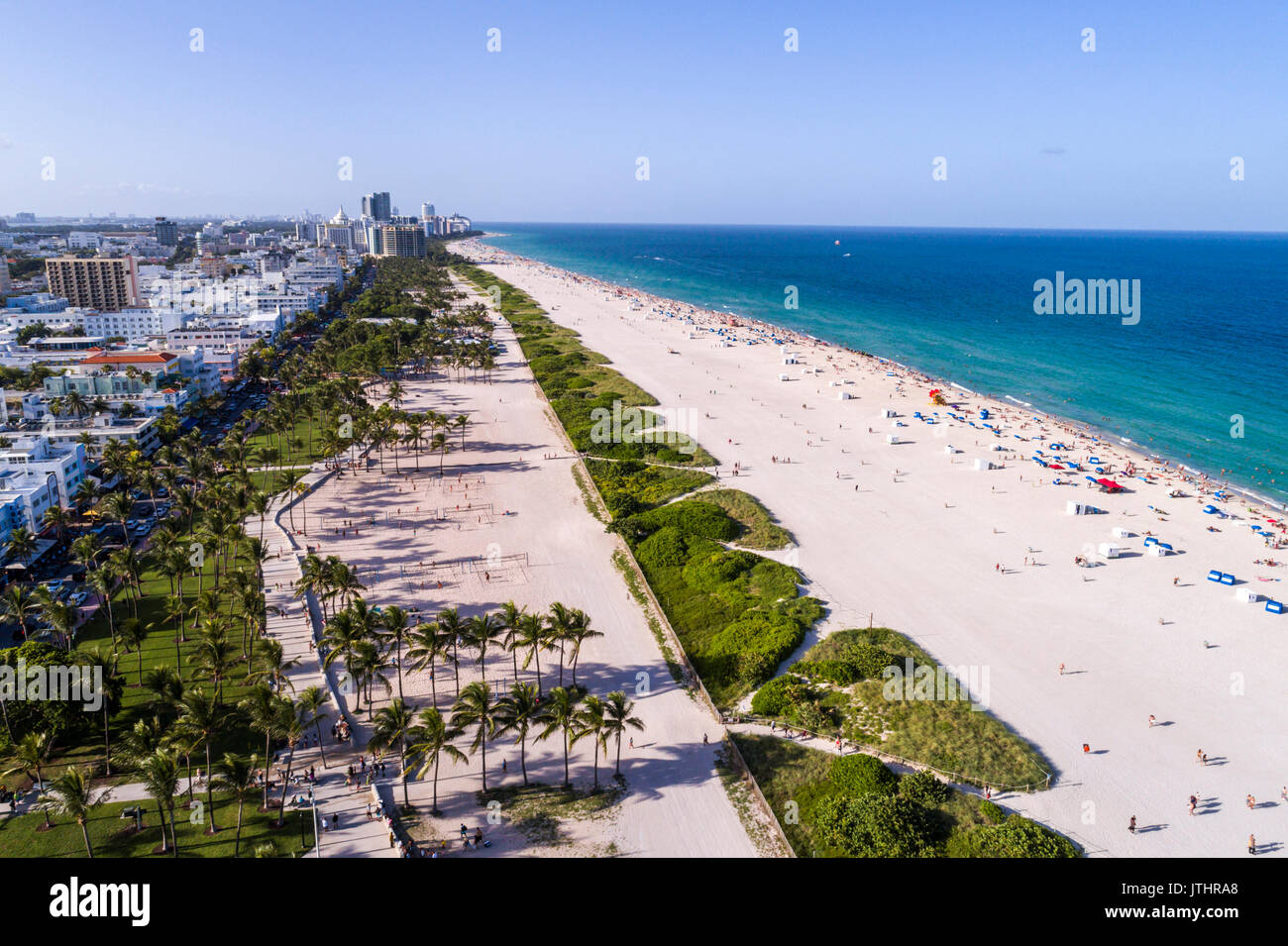 Miami Beach Florida,aerial overhead from above view,above,from above view,Atlantic Ocean,sand,sunbathers,Lummus Park,Ocean Drive,FL17080602d Stock Photo