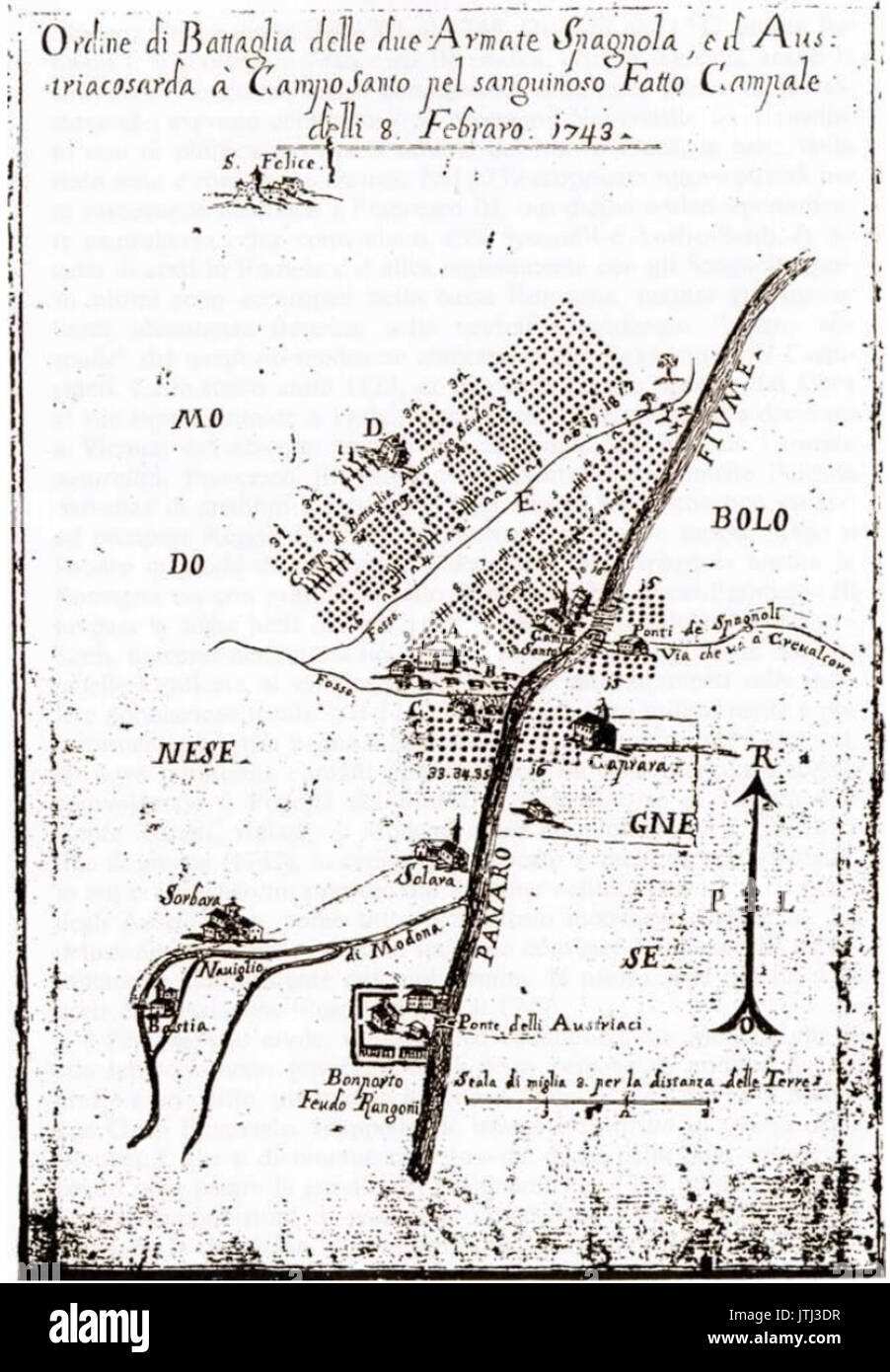 Ordine di Battaglia delle due Armate Spagnola ed Austriacosarda a Camposanto pel sanguinoso Fatto Campale delli 8 Febraro 1743 Stock Photo