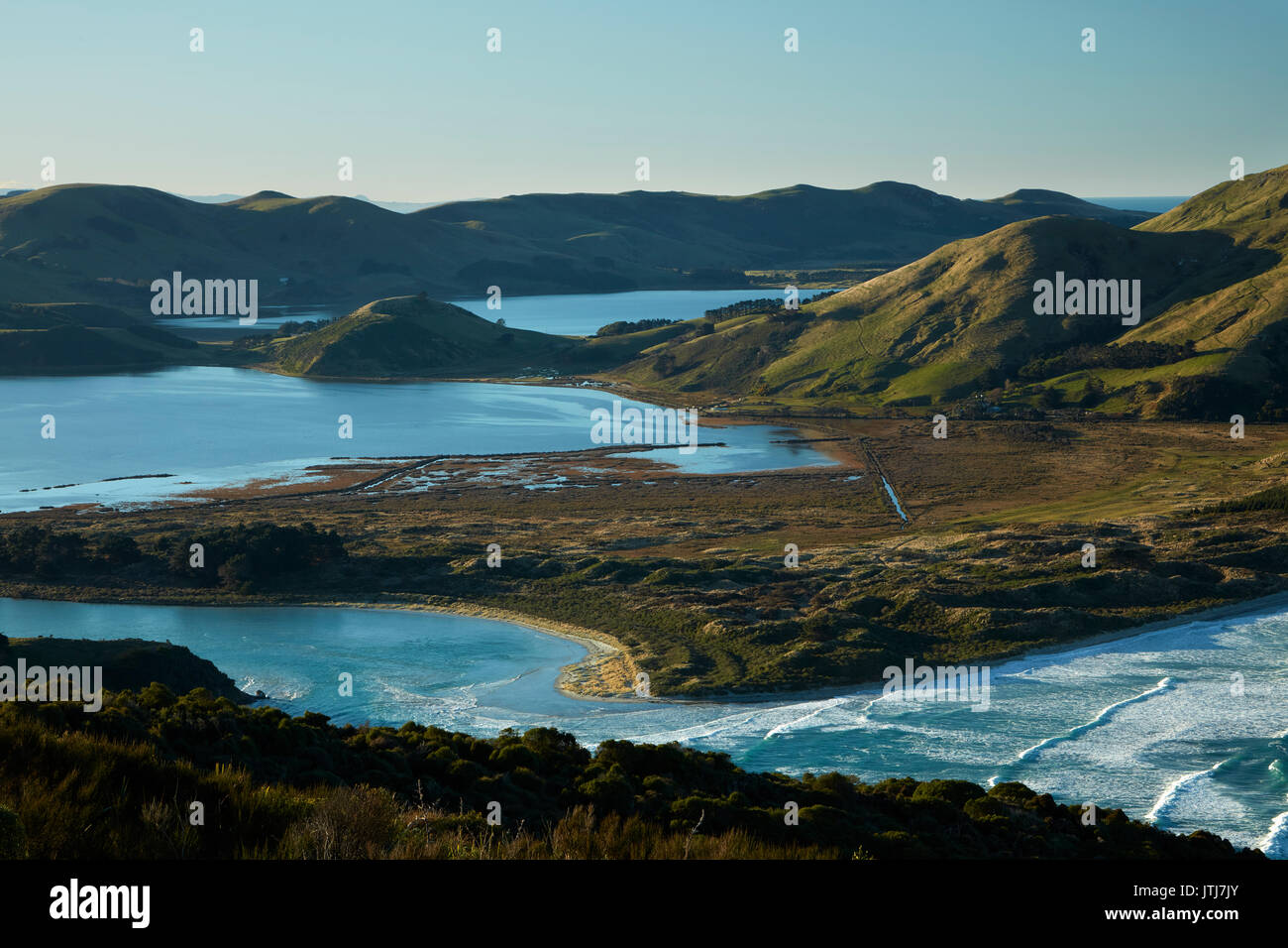 Allans Beach, Hoopers Inlet and Mt Charles, Otago Peninsula, Dunedin, Otago, South Island, New Zealand Stock Photo