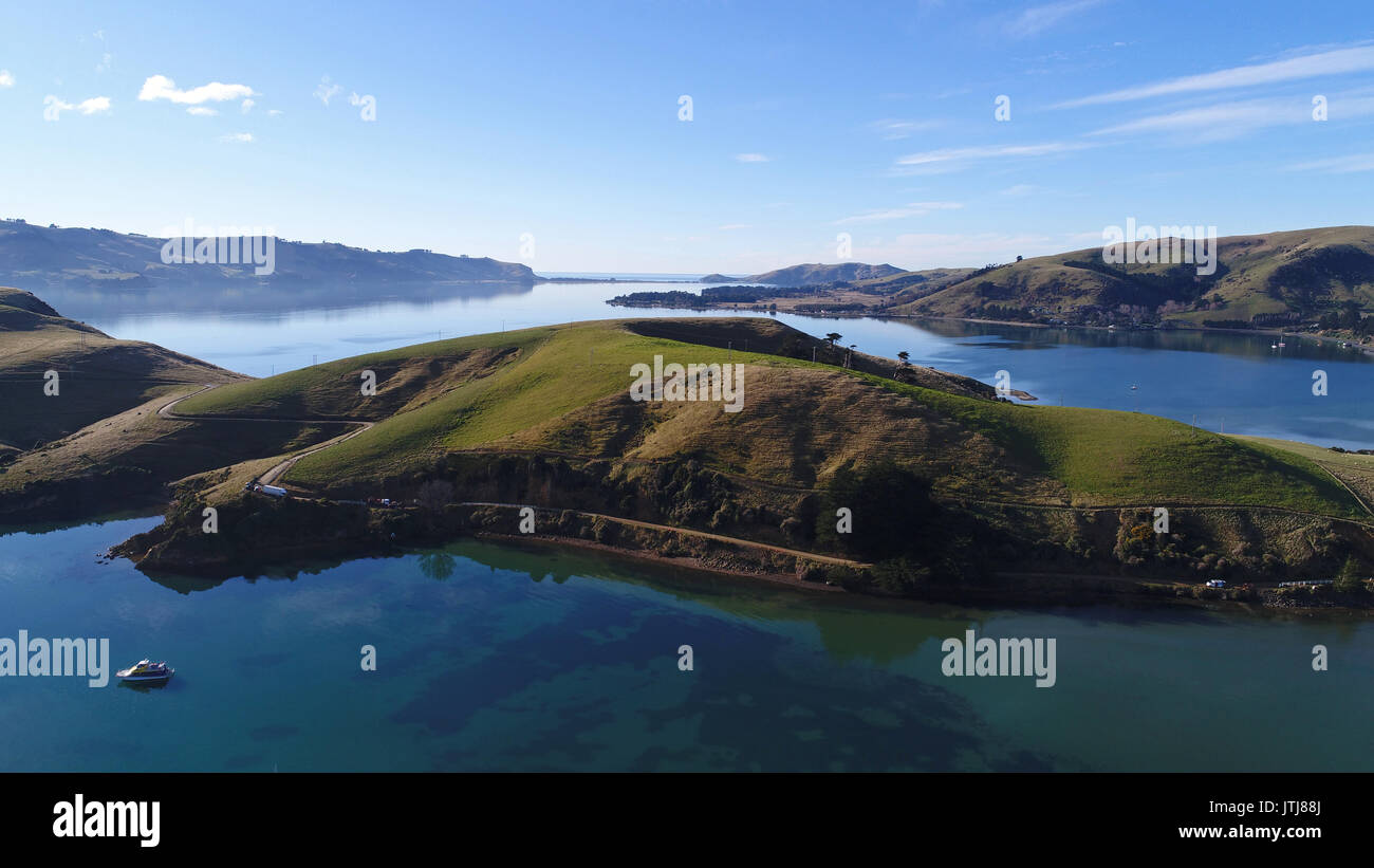 Portobello Peninsula, Otago Peninsula, and Otago Harbour, Dunedin, South Island, New Zealand - drone aerial Stock Photo