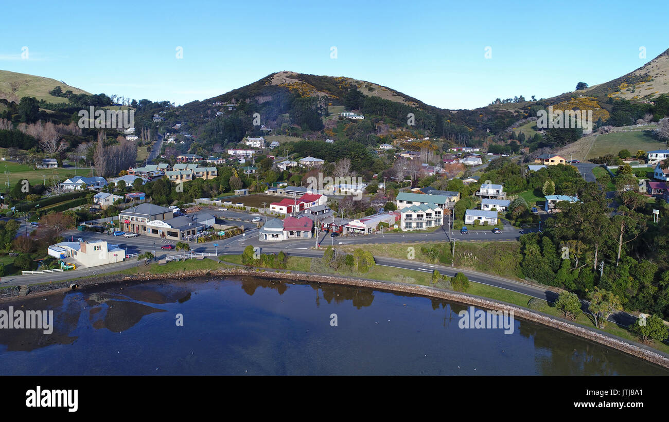 Portobello, Otago Peninsula, Dunedin, South Island, New Zealand - drone aerial Stock Photo