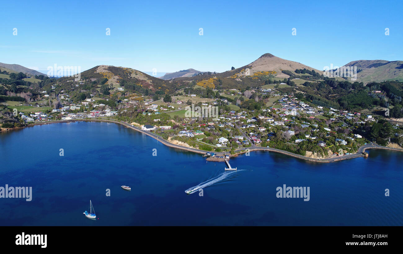 Portobello, Otago Peninsula, Otago Harbour, and Harbour Cone, Dunedin, South Island, New Zealand - drone aerial Stock Photo
