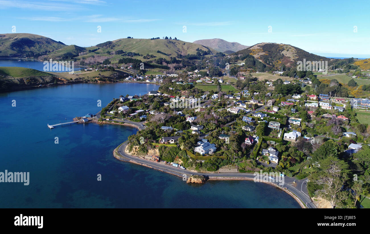 Portobello, Otago Peninsula, Dunedin, South Island, New Zealand - drone aerial Stock Photo