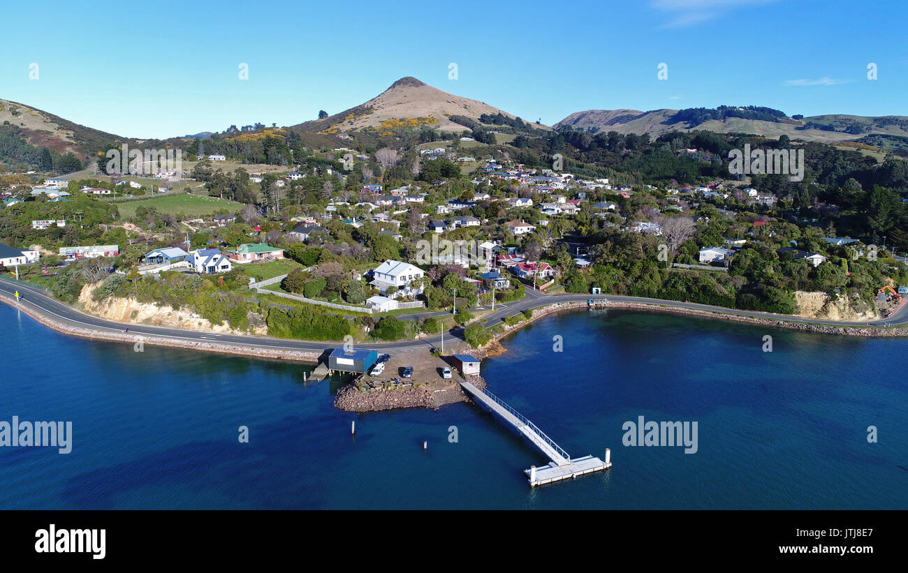 Portobello, Otago Peninsula, Otago Harbour, and Harbour Cone, Dunedin, South Island, New Zealand - drone aerial Stock Photo