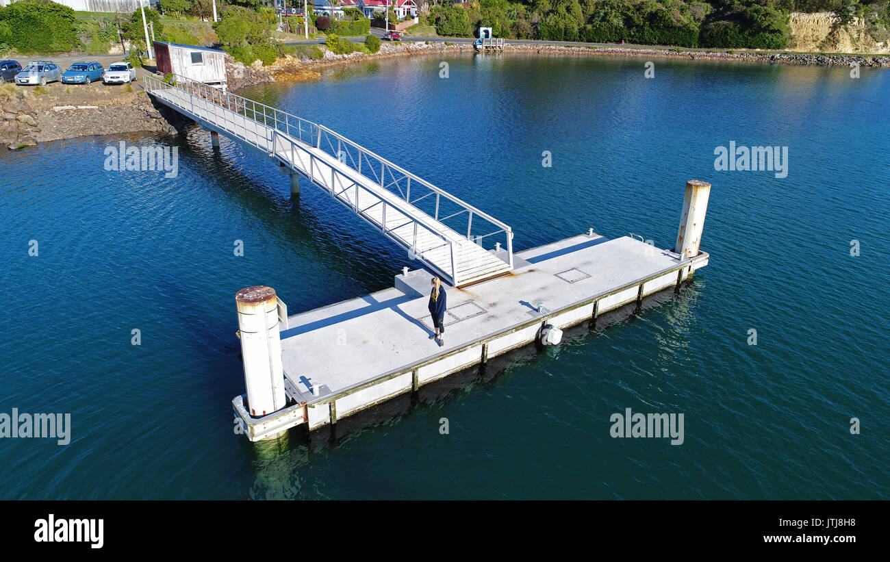 Jetty, Portobello, Otago Peninsula, Dunedin, South Island, New Zealand - drone aerial Stock Photo
