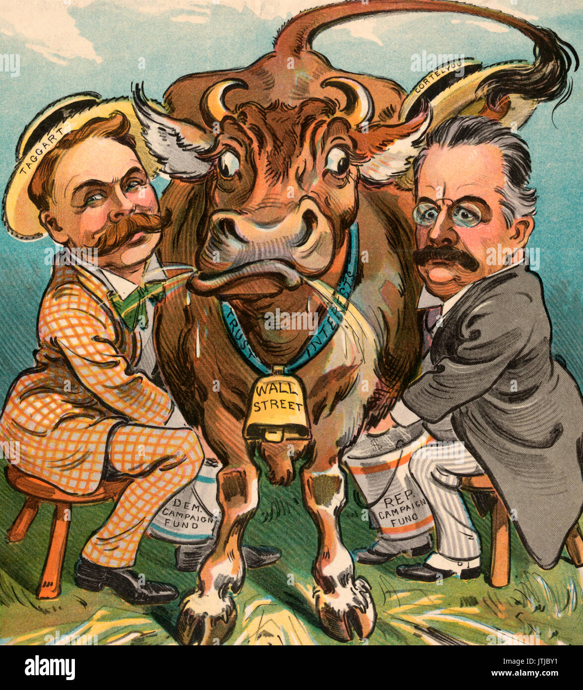 Milking time -  Illustration shows Thomas Taggart, Democratic National Committee chairman, on the left, and George B. Cortelyou, Republican National Committee chairman, on the right, milking a cow into buckets labeled 'Dem. Campaign Fund' and 'Rep. Campaign Fund'. A bell labeled 'Wall Street' hangs from a ribbon labeled 'Trust Interests' around the cows neck. Political Cartoon, 1904 Stock Photo