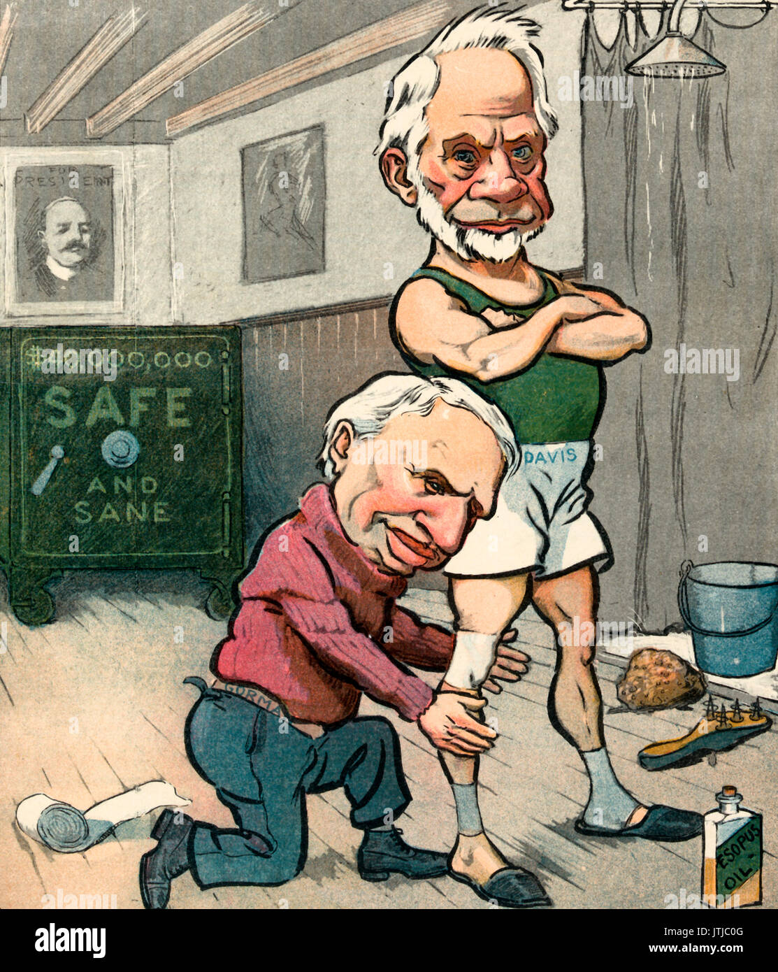 Never too late to run -  Illustration shows octogenarian Henry G. Davis as a runner being attended to by Arthur P. Gorman who is putting a bandage on Davis'es right knee. Political Cartoon, 1904 Stock Photo