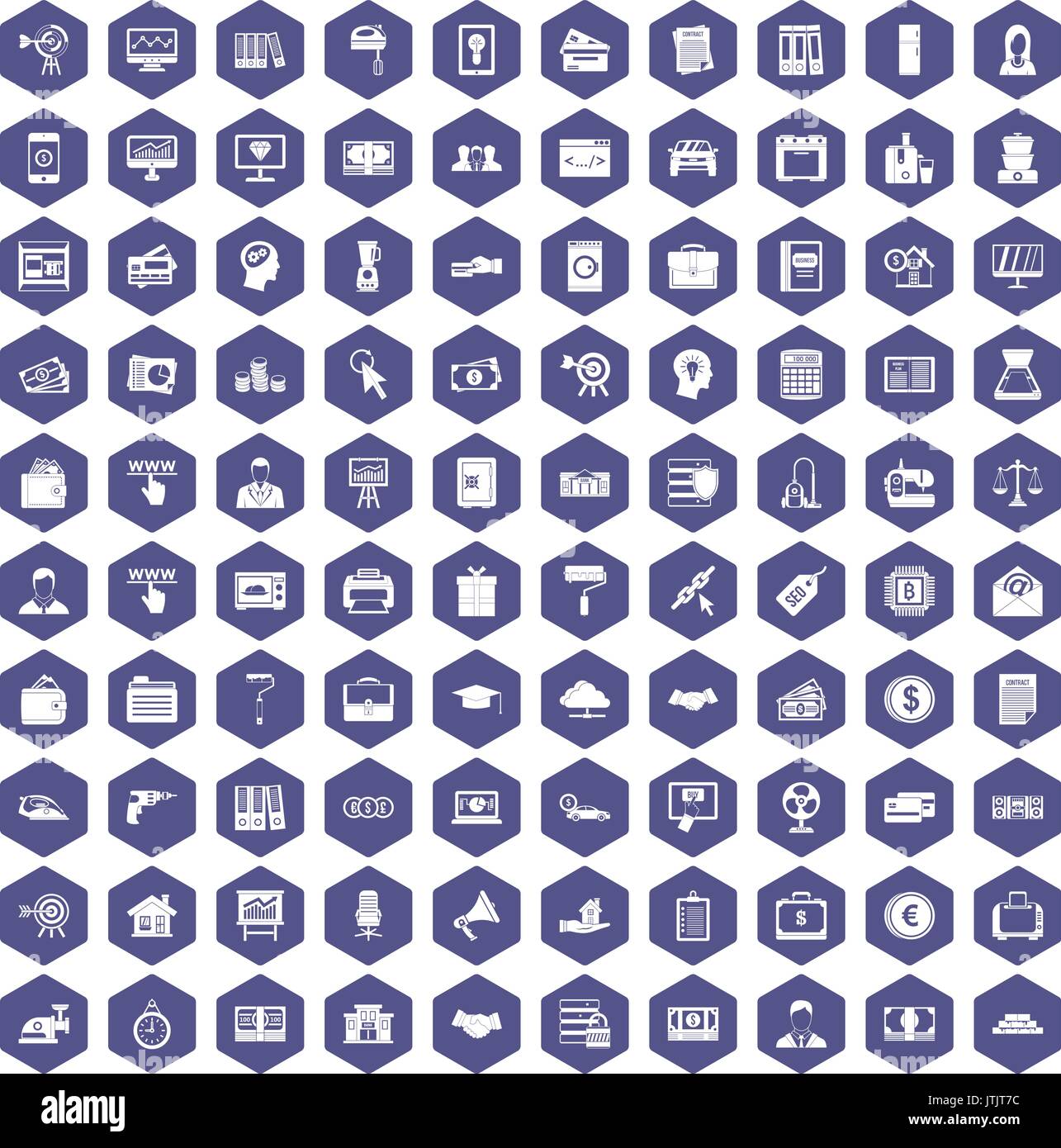 100 lending icons hexagon purple Stock Vector