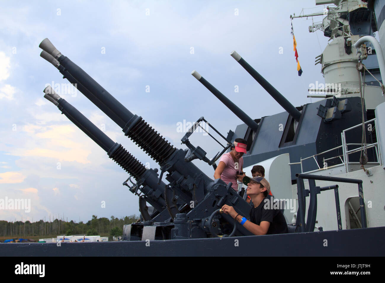 40mm Anit Aircraft guns mounted on Battleship North Carolina Wilmington Stock Photo