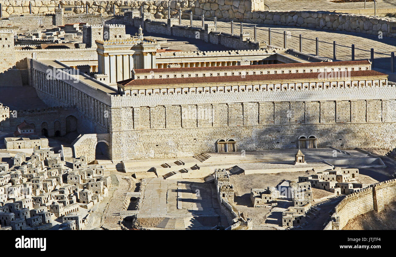 Model of ancient Jerusalem at the time of the second temple.  Focusing on the Temple Mount, Temple, The Royal Basilica, Huldah Gates, Robinson’s Arch, Stock Photo