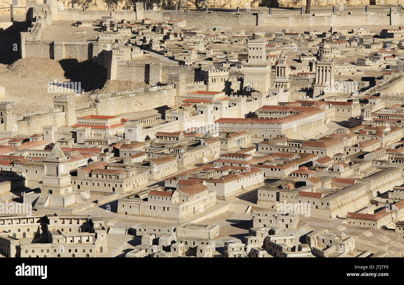 Model of ancient Jerusalem at the time of the second temple.  Including the Herod’s Palace, Upper Agora, Tomb of David, Palace of High Priest Caiaphas Stock Photo