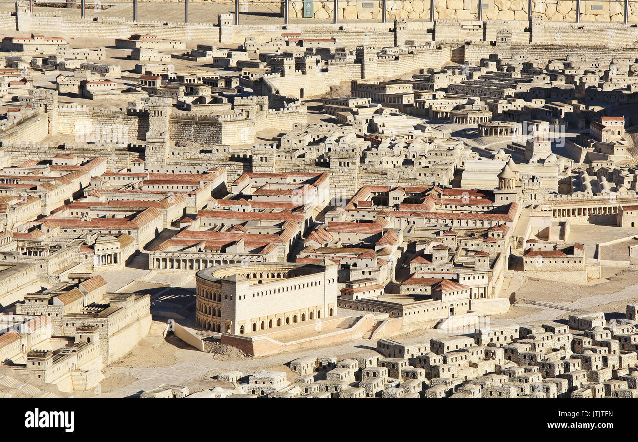 Model of ancient Jerusalem at the time of the second temple.  Including the Herodian Theater, Palace of High Priest Ananias, Royal Palace of the Hasmo Stock Photo
