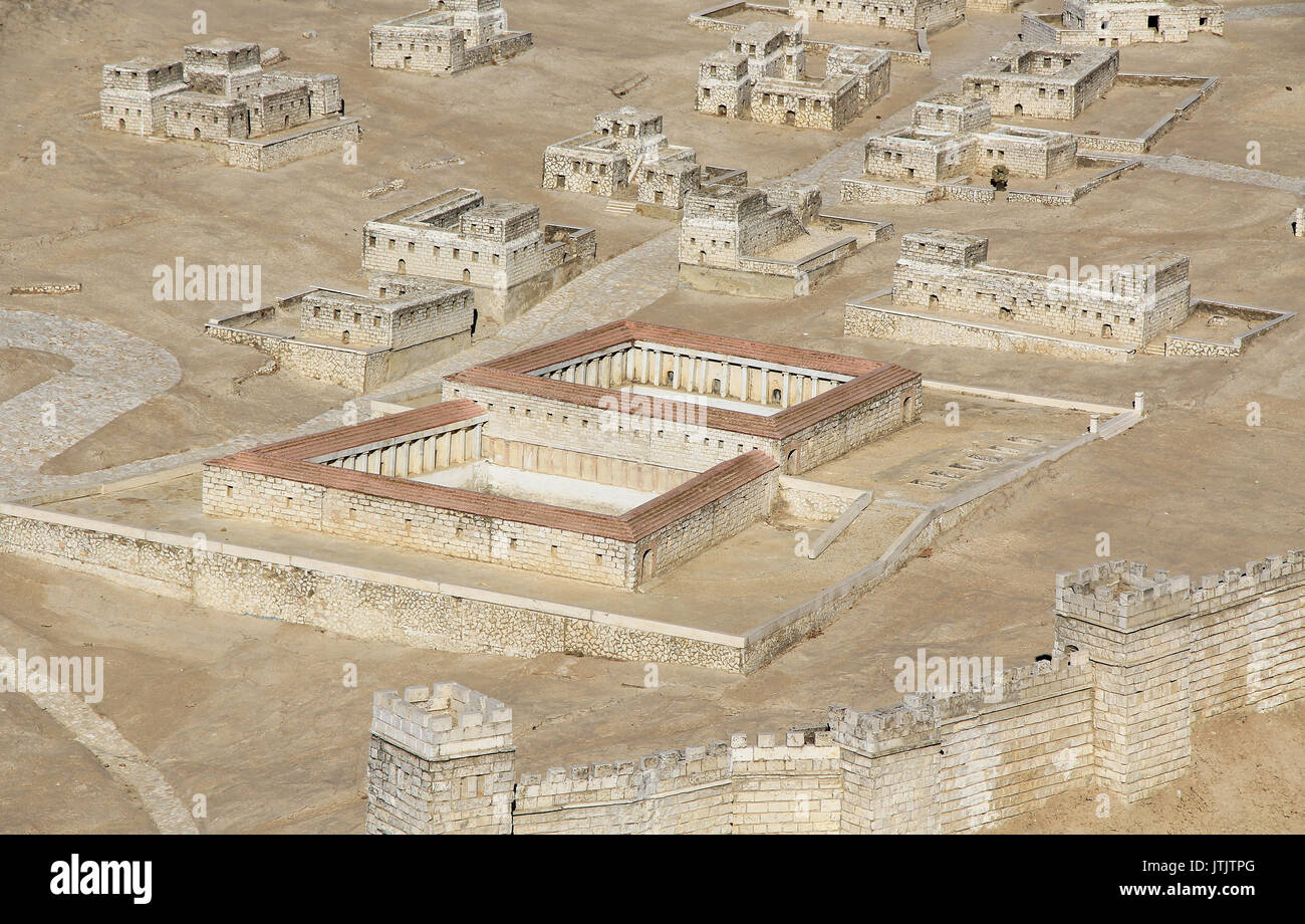 Model of ancient Jerusalem at the time of the second temple.  Focusing on the pool of Bethesda or Sheeps Pool with homes in the background. Stock Photo