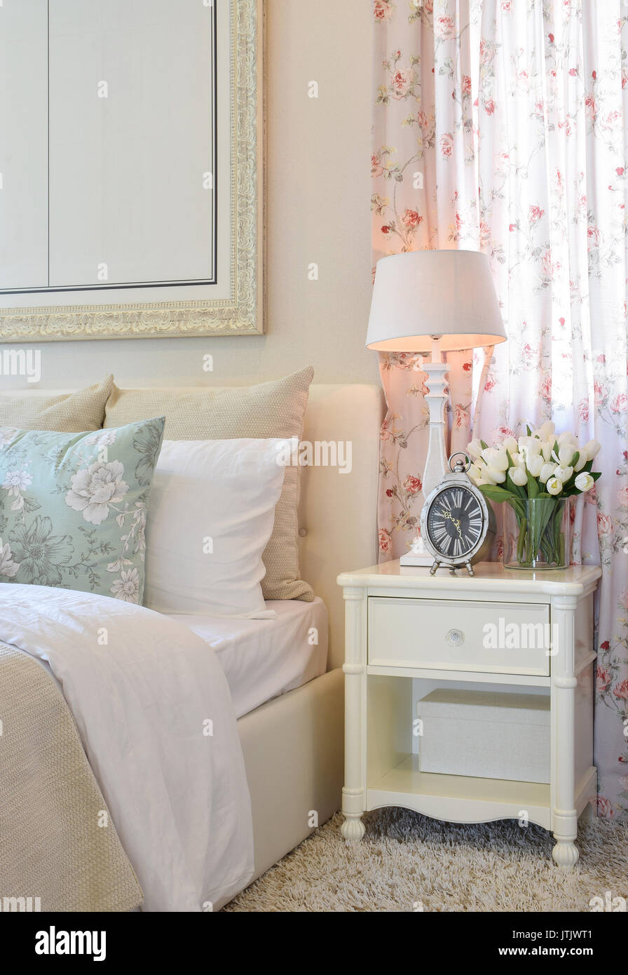 Vintage Bedroom Interior With Decorative Table Lamp Alarm