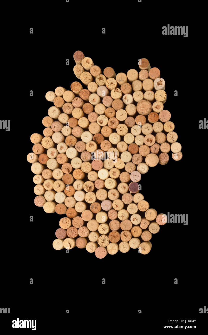 Wine-producing countries - maps from wine corks. Map of Germany on black background. Clipping path included. Stock Photo