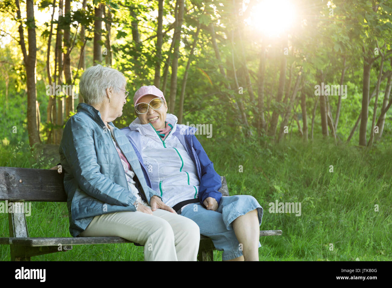 Senior Caucasian (Swedish) woman on a park bench sharing a happy moment with her Asian (Taiwanese, Chinese) daughter-in-law in the afternoon sun. Stock Photo