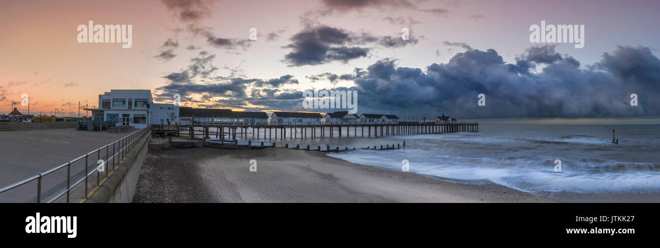 A panoramic view of the Pier on North Parade in the popular Suffolk seaside town of Southwold on a stormy morning in early August. Stock Photo