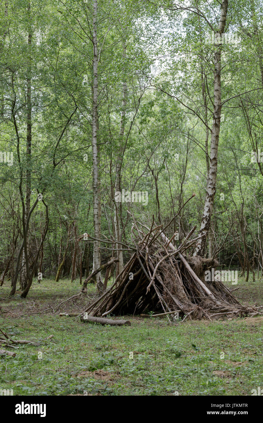 Basic shelter built from branches and sticks in the woods. Stock Photo