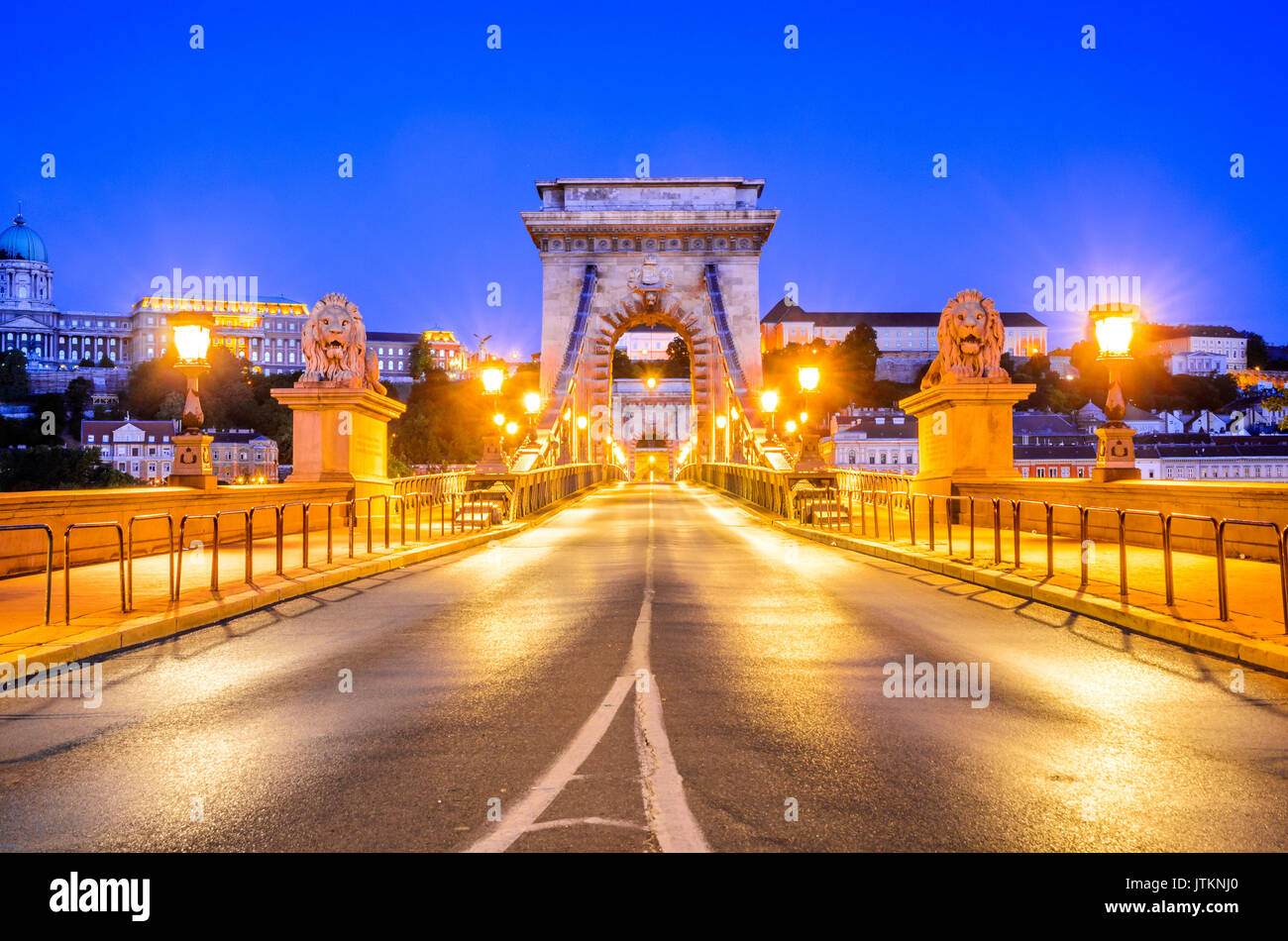 Budapest, Hungary - Chain Bridge, Szechenyi Lanchid. Suspension that spans the River Danube between Buda and Pest, in hungarian capital city. Stock Photo