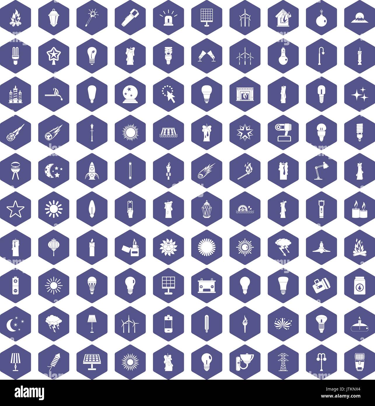100 light source icons hexagon purple Stock Vector