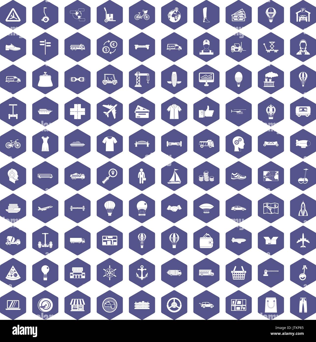 100 logistics icons hexagon purple Stock Vector