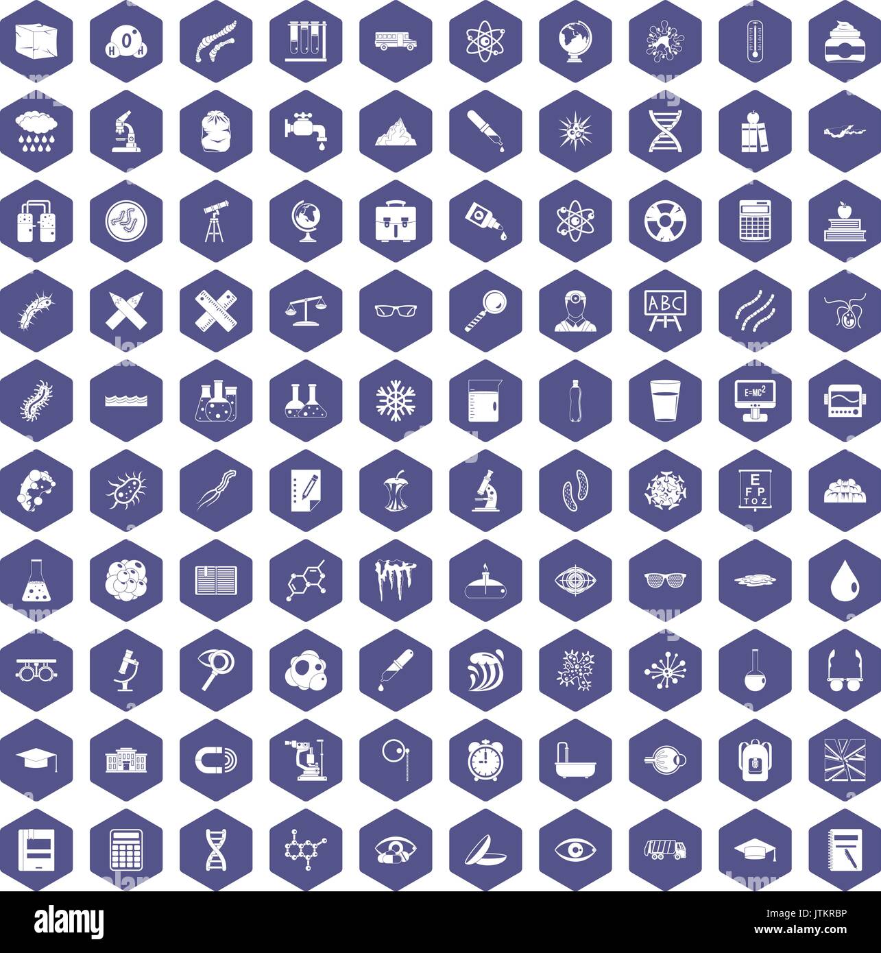 100 microscope icons hexagon purple Stock Vector
