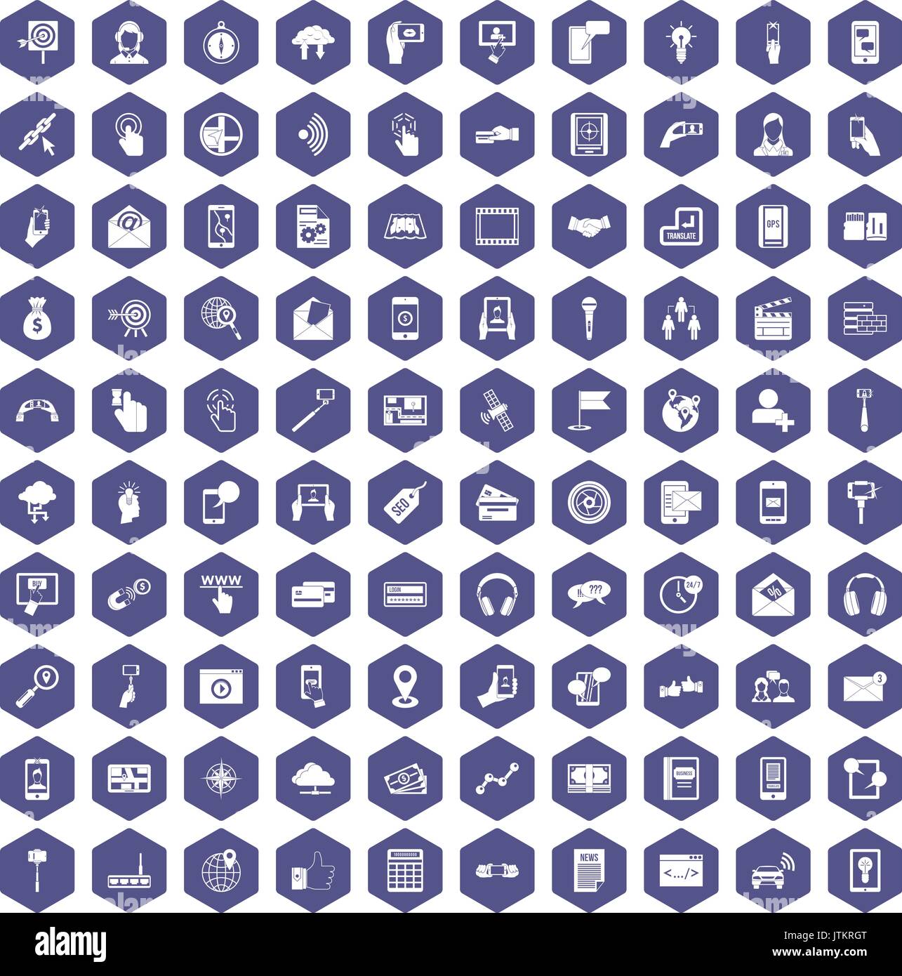 100 mobile icons hexagon purple Stock Vector