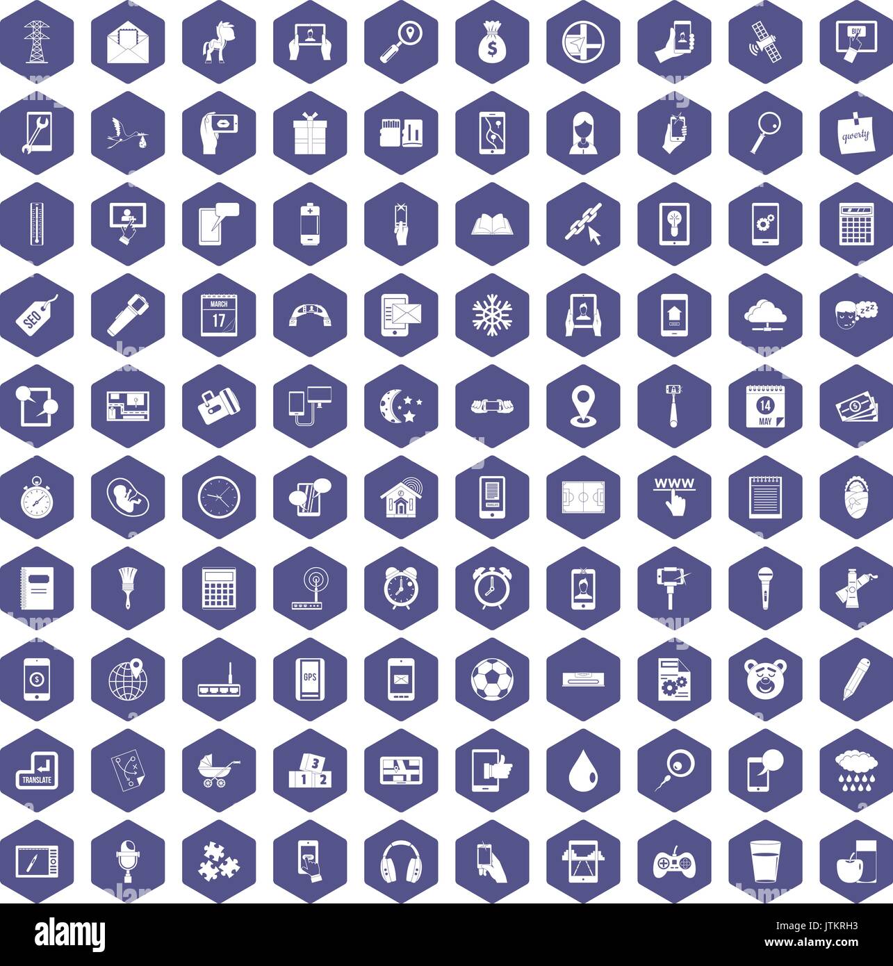 100 mobile app icons hexagon purple Stock Vector